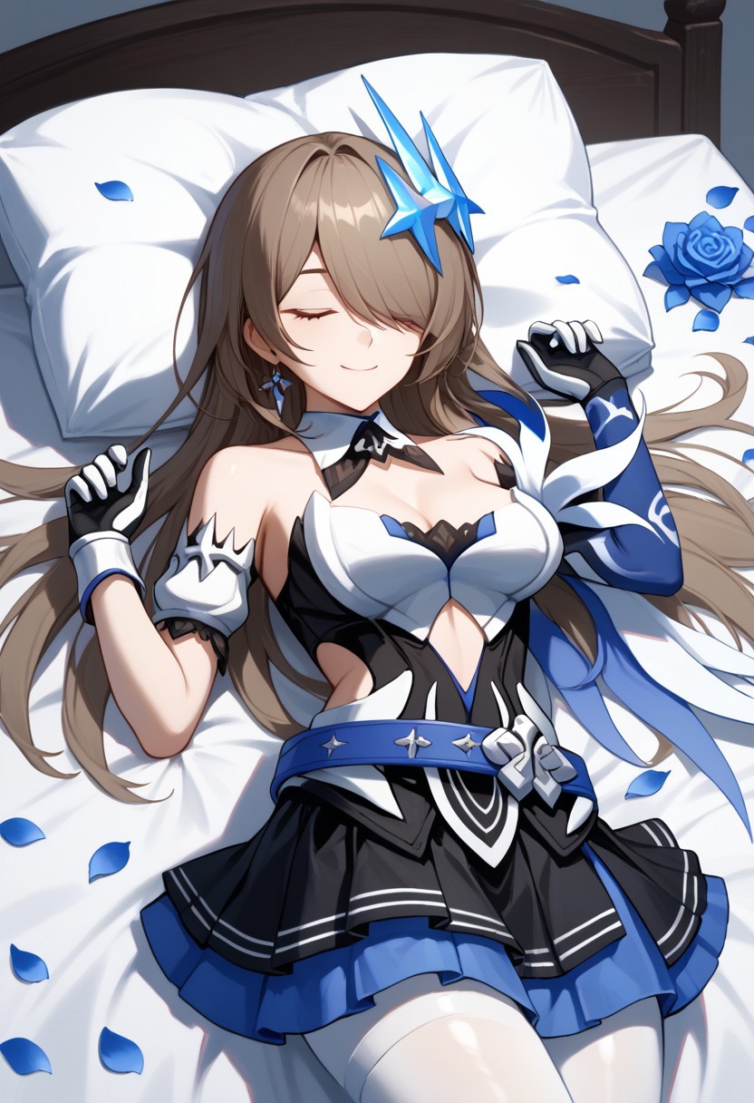 score_9, score_8_up, score_7_up, 1girl, solo, RitaRossweisse, brown hair, long hair, hair over one eye, red eye, medium breasts, hair ornament, belt, blue belt, breastplate, white breastplate, center opening, clothing cutout, side cutout, strapless, strapless shirt, detached collar, black and blue shirt, layered skirt, black and blue skirt, miniskirt, asymetrical gloves, white and blue gloves, thigh band, arm bands, white pantyhose, smiling, lying, on bed, sleeping, pillow, flower petals, blue roses