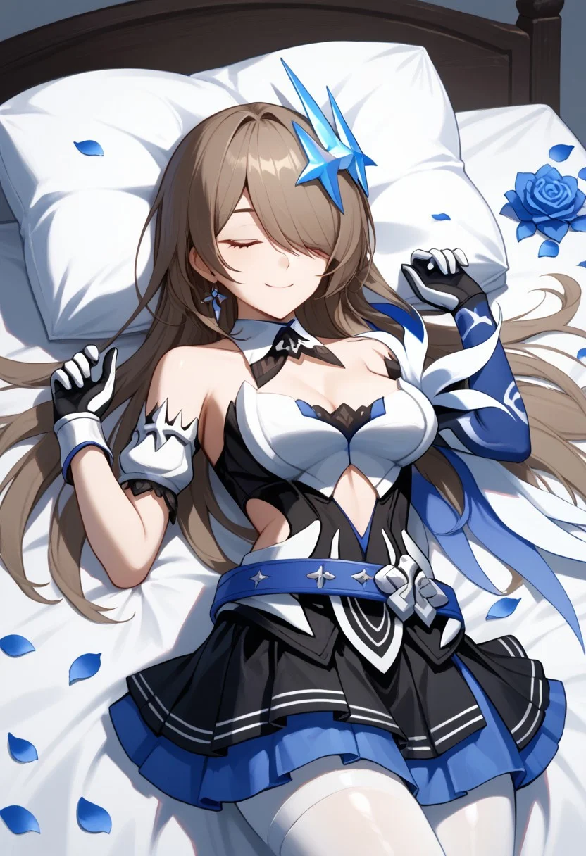 score_9, score_8_up, score_7_up, 1girl, solo, RitaRossweisse, brown hair, long hair, hair over one eye, red eye, medium breasts, hair ornament, belt, blue belt, breastplate, white breastplate, center opening, clothing cutout, side cutout, strapless, strapless shirt, detached collar, black and blue shirt, layered skirt, black and blue skirt, miniskirt, asymetrical gloves, white and blue gloves, thigh band, arm bands, white pantyhose, smiling, lying, on bed, sleeping, pillow, flower petals, blue roses
