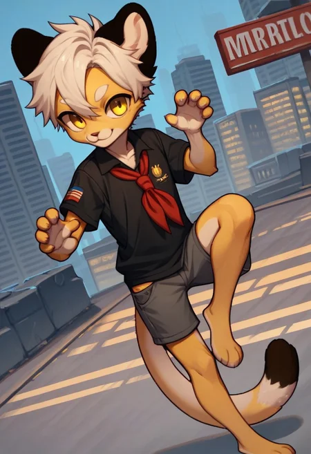 solo, furry, anthro, mikus, 1boy, solo, paws, boy, petite boy, slim boy, small boy, (white hair, dark yellow eyes, yellow fur, dotted eyebrows, small eyebrows, white eyebrows, white fur, yellow paws, (tail tip black:1.5), black ears), Soviet schoolgirl uniform, frilled apron, red neckerchief, score_8_up, score_7_up, score_6_up, score_5_up, score_4_up, outdoors, cityscape, dutch angle, random pose, spontaneous pose, random view, view from different angles, shorts, chibi, smile