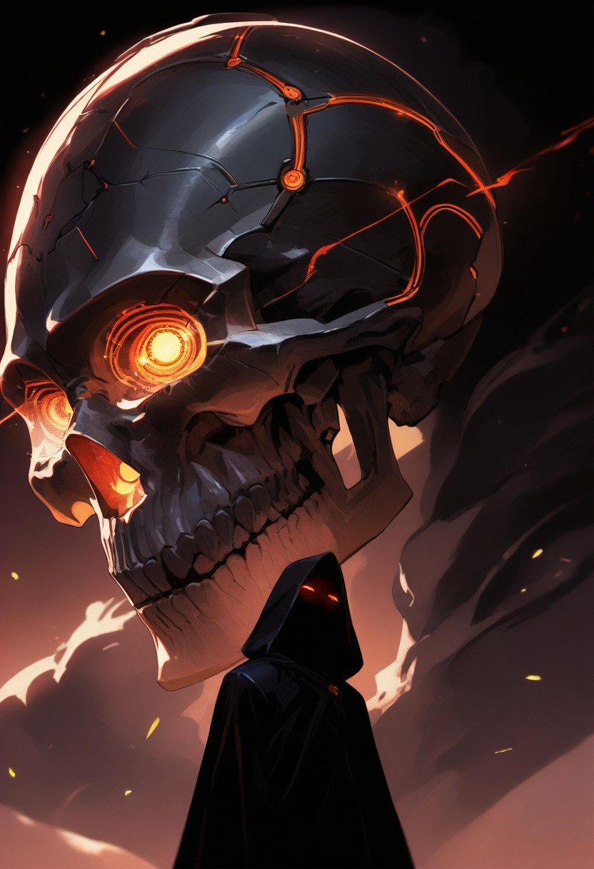 masterpiece, best quality, high score, great score, absurdres,
Beauty, realism, cinematic quality, chiaroscuro, rays of light, play of shadow and light, cinematic style, A dark, eerie, and futuristic portrait of a figure wearing a hooded cloak. The face underneath the hood is a glowing, neon-lit skull with intricate red and orange circuit-like patterns running across it. The eyes are hollow yet illuminated, and the expression is menacing. The background is deep black or a dark, futuristic environment, with the figure emerging from the shadows. The overall atmosphere is cyberpunk and dystopian, combining elements of horror with advanced technology. The lighting is dramatic, emphasizing the glowing skull and the neon lines that trace across the face and hood.