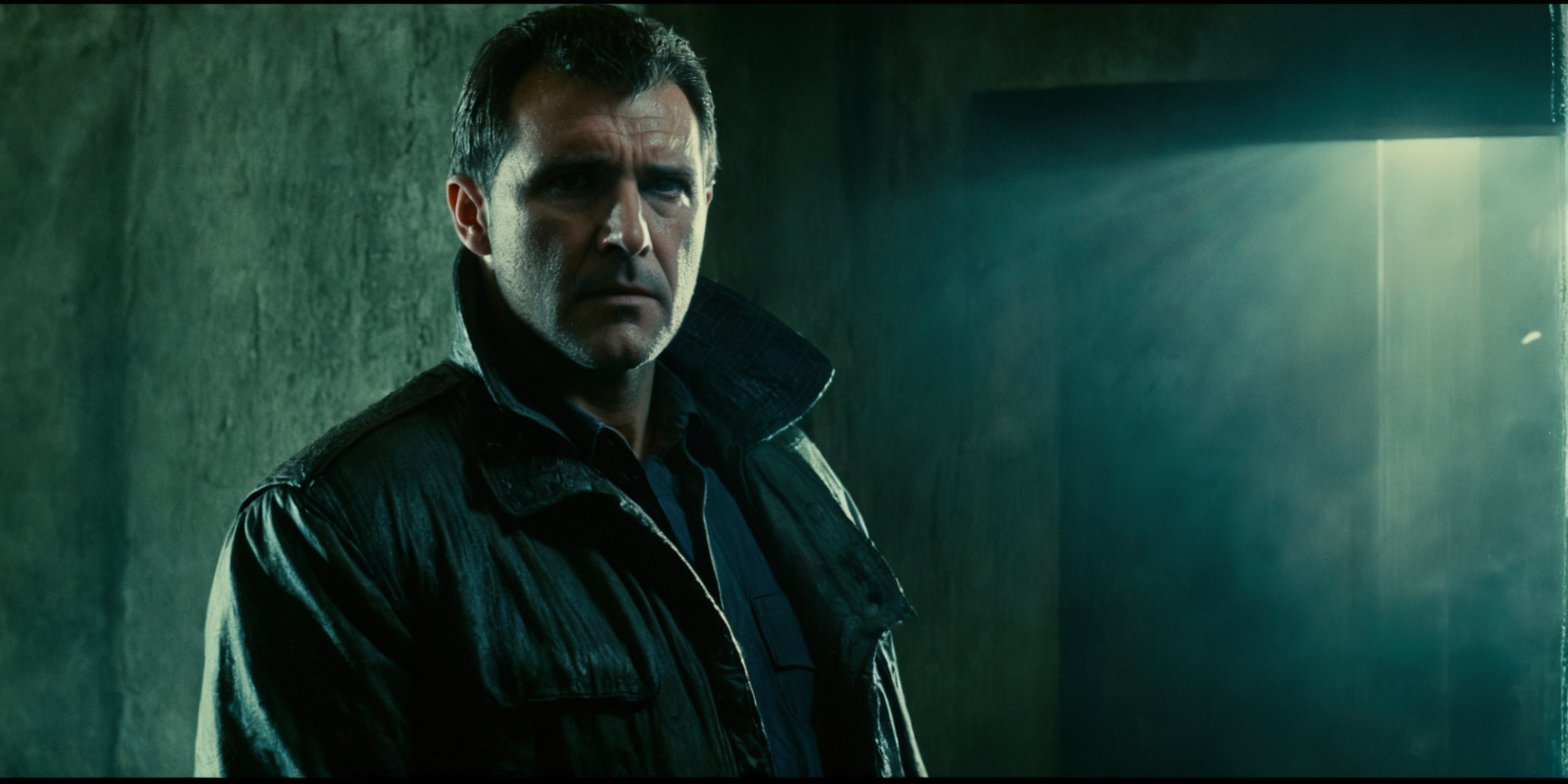 Dark Fantasy Art of  <lora:Blade Runner Style:1>
Kodak Eastman 100T 5247 Cinematic 1982 Film Stock Footage of Rick Deckard a scared man standing in a dirty room behind a wall with window shaft light ray light on staring at something to the left with a scared look on his face Blade Runner style, dark, moody, dark fantasy style