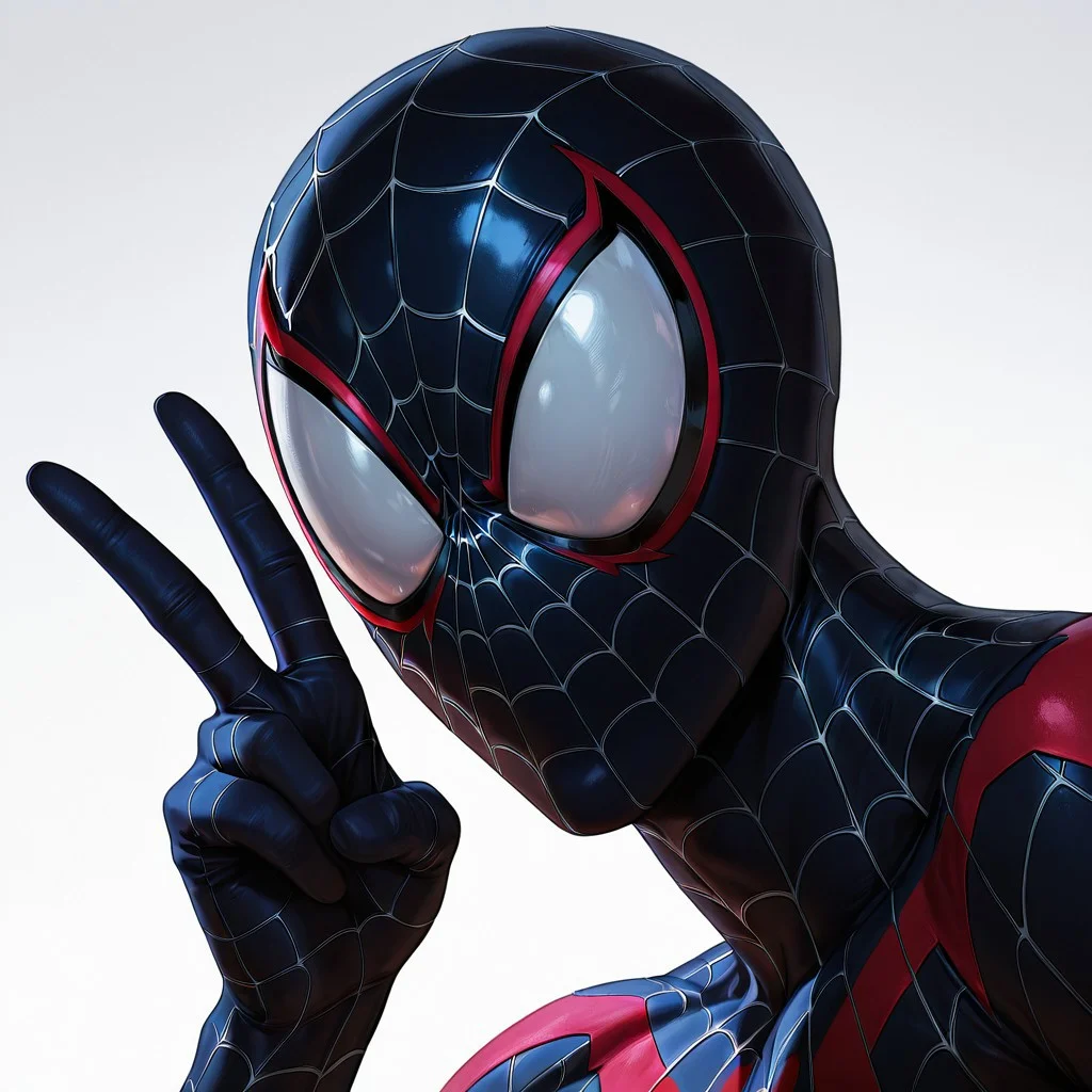 FutureFightStyle, ((semi realistic)), score_9, score_8_up, score_7_up, 8k, absurd res, masterpiece, best quality, masterpiece, best quality, amazing quality, very aesthetic, absurdres, newest, best quality, newest, absurdres, solo, 1boy, Spiderman, v sign, headshot, white background