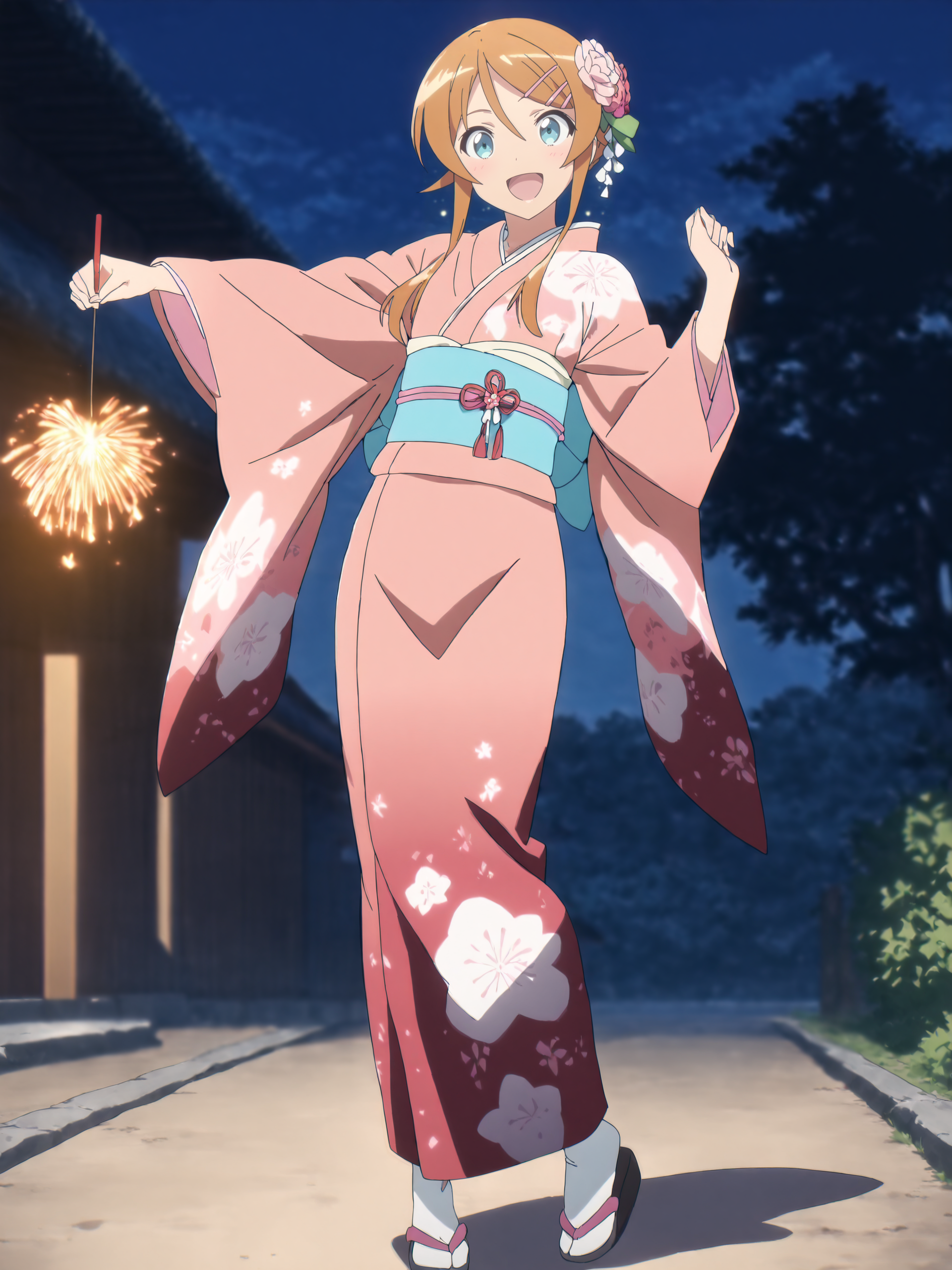 masterpiece, high score, great score, absurdres, anime screenshot, anime coloring,  <lora:Char-Kousaka_Kirino-V1-SDXL:0.9:hr=0.7>, 1girl, kousaka kirino, hair clip, solo, kimono, hair flower, obi, sash, tabi, zouri, standing, full body, holding fireworks, smile, open mouth, night, outdoors, blurry background