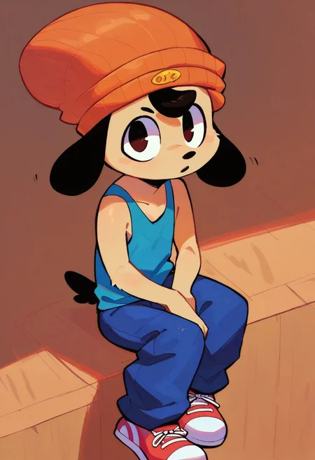 , Score_9, score_8_up, score_7_up,
Trappa, orange beanie, beige fur, furry, blue tank top, black ears baggy blue pants Red Sneakers