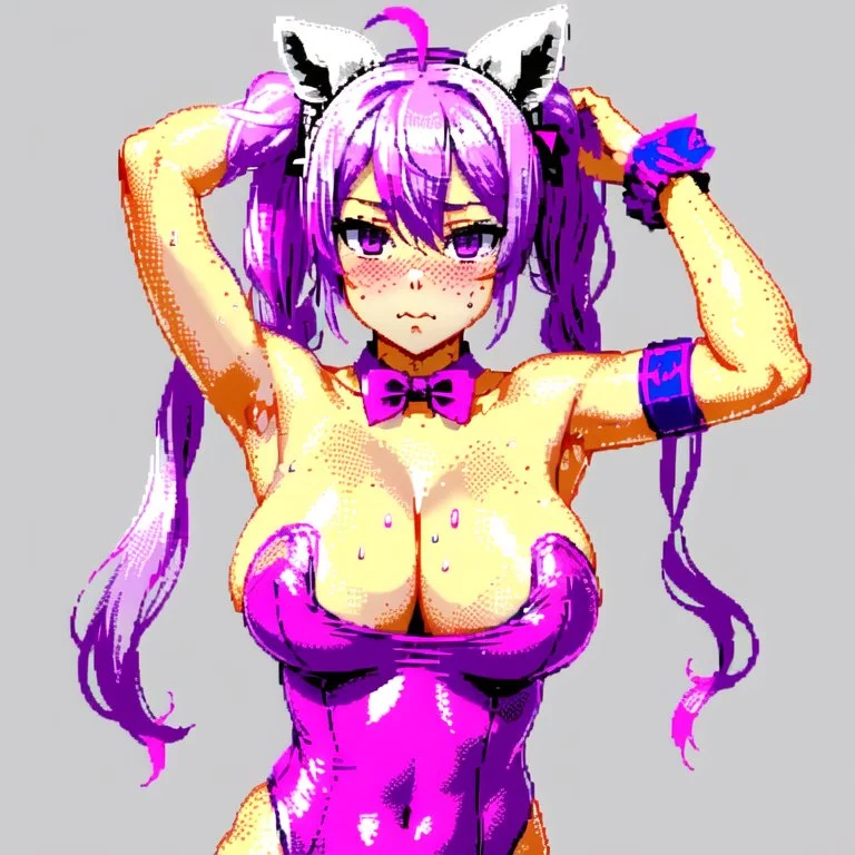 <lora:zxs:1> , zxs, limited palette, 1girl, ahoge, animal ears, armband, armpits, arms up, bare shoulders, blush, bow, bowtie, breasts, bunny girl, bunny tail, bunnysuit, cleavage, covered navel, embarrassed, eyebrows visible through hair, frills, highres, huge breasts, leotard, long hair, looking at viewer, low-tied long hair, low twintails, pink leotard, rabbit ears, shiny, shiny clothes, shiny hair, shiny skin, silver hair, simple background, solo, strapless, strapless leotard, sweat, tail, twintails, upper body, very long hair, violet eyes, wavy mouth, white background