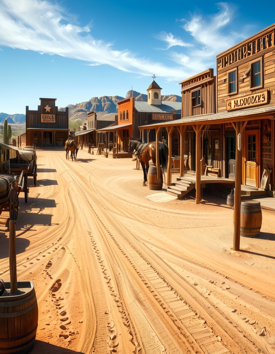 A classic Wild West town in the late 1800s, surrounded by arid desert and towering rock formations. The dusty main street is lined with wooden buildings, including a saloon with swinging doors, a sheriffâs office with a star emblem, a general store with a wooden sign, and a blacksmithâs shop with tools hanging outside. Old-fashioned wooden wagons are parked along the street, and a few horses are tied to hitching posts. The atmosphere is lively, with cowboys wearing wide-brimmed hats, boots, and leather dusters walking around, some talking near the saloon while others ride horses. The sky is bright blue with a few wispy clouds, and the sunlight casts long shadows on the ground. In the background, a water tower stands tall, and a windmill slowly turns in the breeze. The scene is full of rustic details, evoking the adventurous spirit of the American frontier.<lora:SDXLFaeTastic2400:0.4> <lora:extremely_detailed:0.4> extremely detailed, <lora:Western_v1ll4g3:1>,Western v1ll4g3, Masterpiece,best quality,hi res,8k,hi res,8k,award winning,(sharp focus, intricate, highly detailed),
