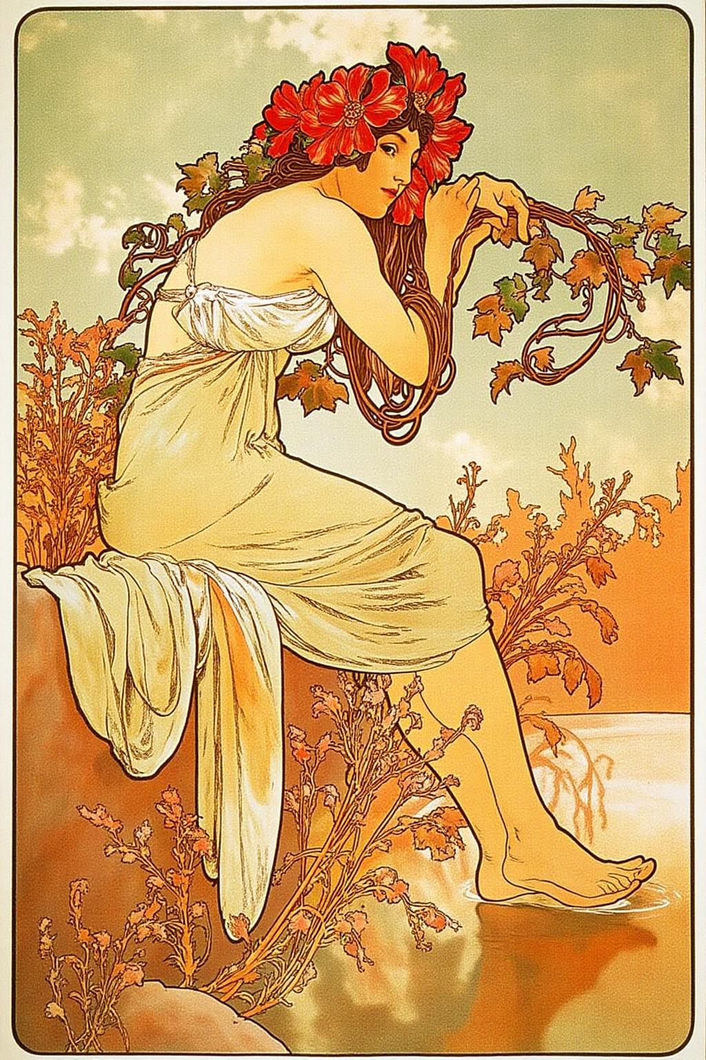 mucha1 illustration
Side view of a woman with long, flowing hair adorned with red flowers and leaves, suggesting she is in harmony with nature. She is seated on a rock. Her bare feet is touching the water of a pond. <lora:mucha1_cap_d6a3e11:1.0><lora:822888057427680366:0>