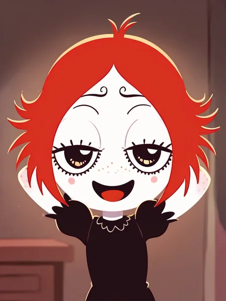 score_9, score_8_up, score_7_up,  
1girl, ruby gloom, red hair, short hair, white skin, freckles, 
black dress, puffy short sleeves, 

smile, open mouth, narrowed eyes, looking at viewer,

upper body, arms behind head,
indoors