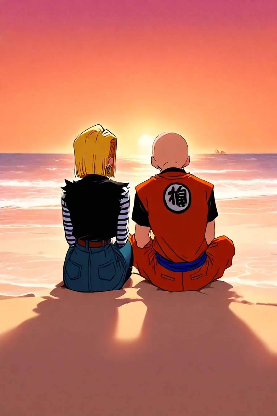<lora:sitting_couple_IllustriousXL-000004:1>,masterpiece, highres, sitting , side-by-side, from behind, beach, sand, sea, sunset, BREAK <lora:android-18-ponyxl-lora-nochekaiser:0.8> , 1girl, android 18, blonde hair, eyelashes, hoop earrings, short hair, earrings, belt, black legwear, black shirt, breast pocket, collarbone, denim, denim skirt, high-waist skirt, jewelry, long sleeves, pocket, shirt, shirt tucked in, skirt, striped, striped sleeves, waistcoat, BREAK <lora:KrillinPony:0.8>, 1boy, kuririn, bald, no sclera, martial arts clothes, orange vest, orange pants, blue sash, blue wristband, (sleeveless:1.5), blue flats, white short socks, black badge