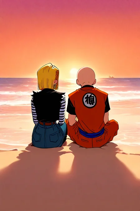 <lora:sitting_couple_IllustriousXL-000004:1>,masterpiece, highres, sitting , side-by-side, from behind, beach, sand, sea, sunset, BREAK <lora:android-18-ponyxl-lora-nochekaiser:0.8> , 1girl, android 18, blonde hair, eyelashes, hoop earrings, short hair, earrings, belt, black legwear, black shirt, breast pocket, collarbone, denim, denim skirt, high-waist skirt, jewelry, long sleeves, pocket, shirt, shirt tucked in, skirt, striped, striped sleeves, waistcoat, BREAK <lora:KrillinPony:0.8>, 1boy, kuririn, bald, no sclera, martial arts clothes, orange vest, orange pants, blue sash, blue wristband, (sleeveless:1.5), blue flats, white short socks, black badge