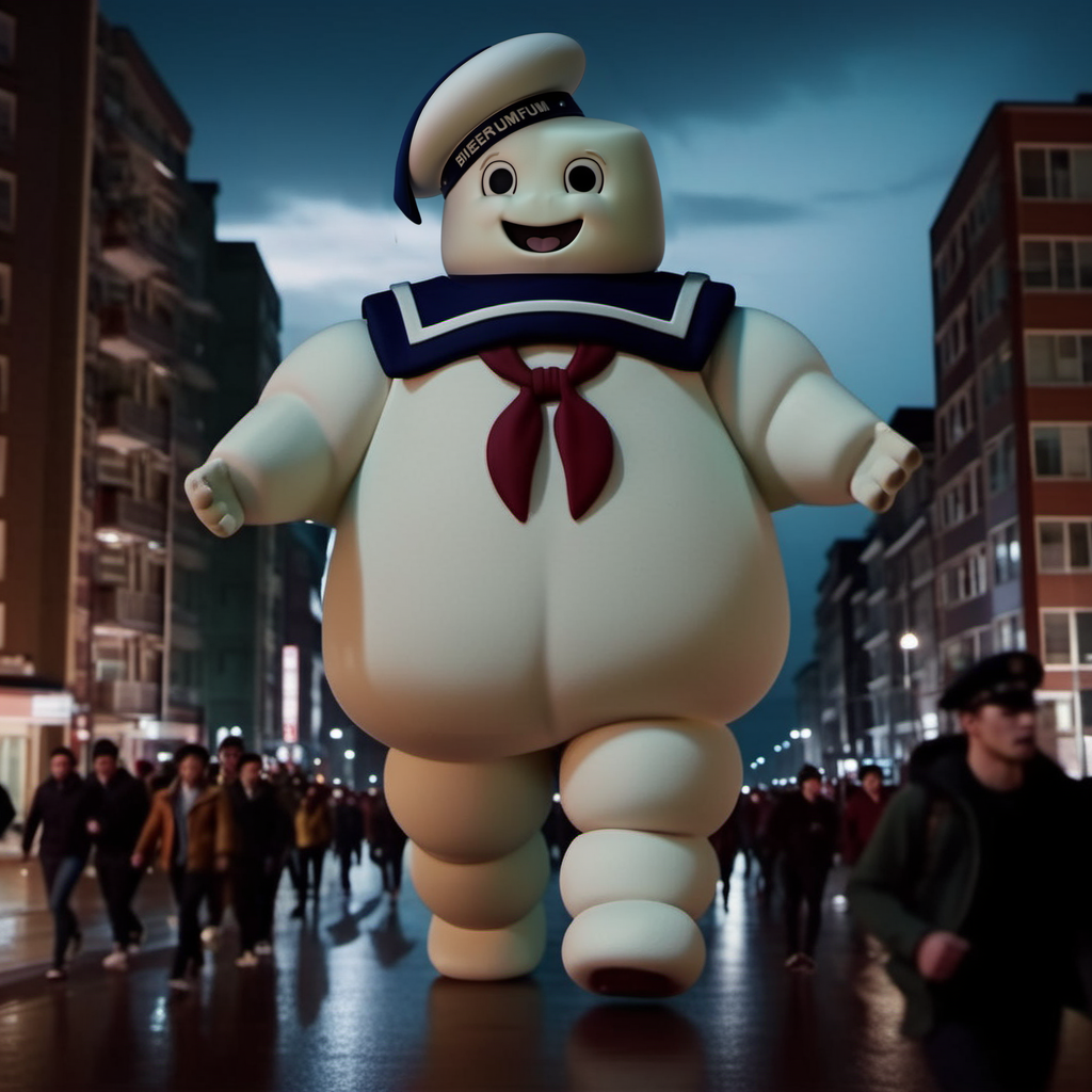 BibendumChamallow1024, a huge giant with a sailor hat, full body, walks in a city, people are panicking and running, night , rain , highly detailed, attack on titan, photography, ultra sharp, film, professional, 64k  <lora:BibendumChamallow1024:0.8>