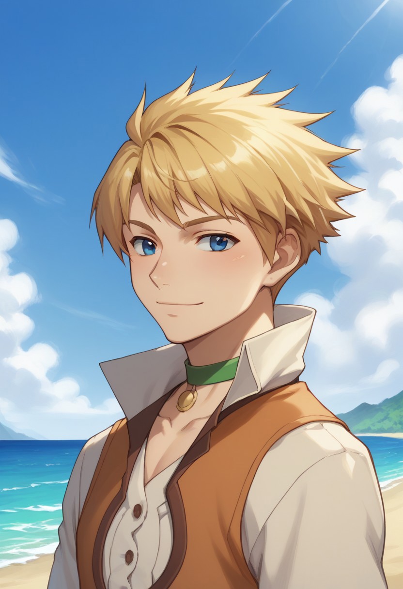 score_9, score_8_up, score_7_up, source_anime, highly detailed,
cecil, 1boy, solo, male focus, green choker, blonde hair, blue eyes, sky, cloud, choker, day, smile, ocean, shirt, 
vest, upper body,