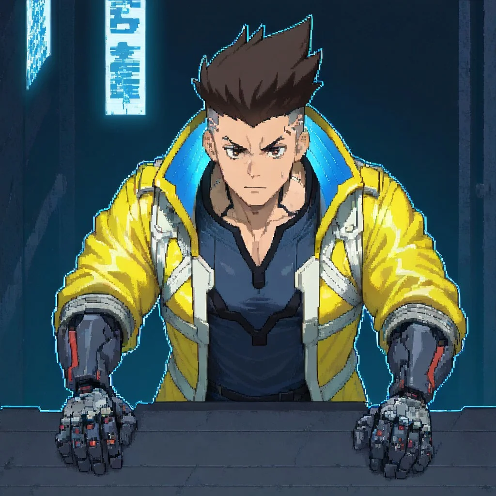 masterpiece, best quality, newest, absurdres, highres, PCSVIL-V1.0, pixel art, 1boy, david martinez \(cyberpunk\), collared jacket, long sleeves, short hair, yellow jacket, undercut, brown eyes, brown hair, mechanical hands, pectorals, v-shaped eyebrows, muscular