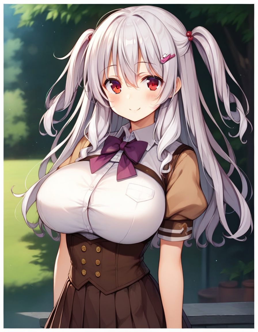 score_9,score_8_up,score_7_up,score_6_up BREAK official art,solo,outdoors,upper body,(portrait:1.5),looking at viewer,facing viewer,smile,blush,Himegishi Neneko,long hair,white hair,wavy hair,two side up,hairclip,rabbit hair ornament,sidelocks,hair between eyes,bangs,red eyes,school uniform,purple bowtie,brown vest,white shirt,collared shirt,puffy short sleeves,large breasts,underbust,framed breasts,impossible clothes,skindentation,corset,miniskirt,brown skirt,pleated skirt,frilled skirt,zettai ryouiki,white thighhighs,loafers,<lora:Himegishi Neneko(n jk l)-Pony:1.1>,