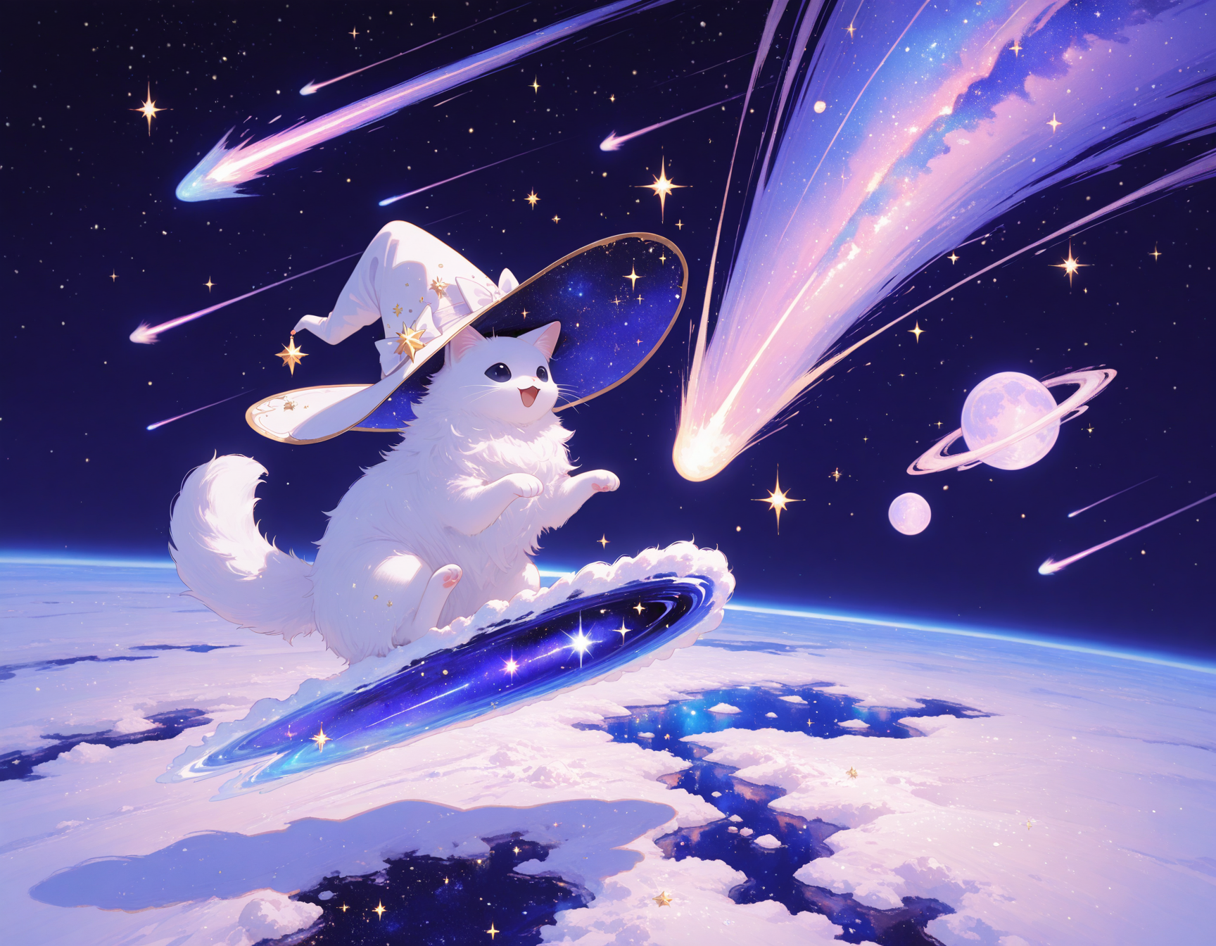 masterpiece, best quality, amazing quality, very aesthetic, absurdres,no humans, momosp, galaxy,perspective, motion blur, smear frame
, white cat snowboarding on ice on top of a galaxy, huge black eyes, pleading eyes, wearing magical witch hat,  seeing stars, open mouth, fluffy, happy
, meteor swarm, comet, starry space, light particles, sparkles, space
,  <lora:MomoSweetSpaceILL:1> <lora:Detailer_NoobAI_Incrs_v1:0.5>