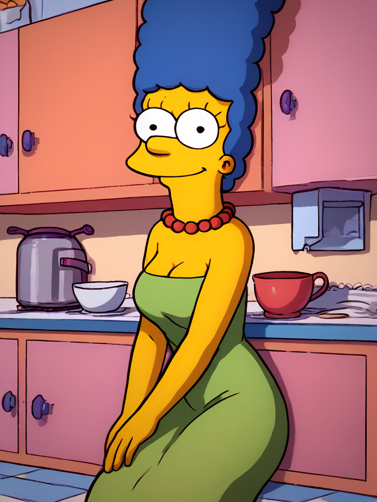 <lora:MargePony1.0:1.0> marges, blue hair, 1girl, solo, yellow skin, pearl necklace,green dress, smile, score_9, score_8_up, score_7_up, score_6_up, score_5_up, score_4_up, looking at viewer,kitchen,breasts,  portrait, zPDXL flat color,dot pupils,sitting,