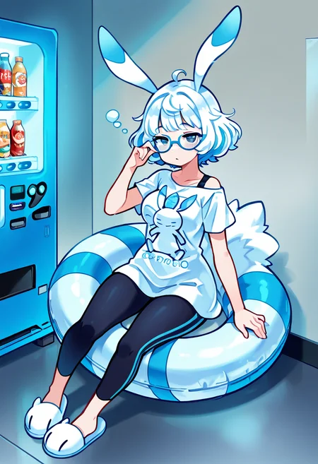 masterpiece, best quality, 1girl, solo, curvy, medium breasts,   [Tokyo Capsule Hotel Chill] zzWarabbit, blue striped innertube,, long rabbit ears, 1girl, solo, oversized T-shirt, techwear leggings, slippers, smart glasses, vending machine glow, capsule hotel lounge, vending snacks, compact city fashion aesthetic, sitting pose â zzWarabbit sprawls in a beanbag chair, blue striped innertube, repurposed as a cozy headrest. A glowing vending machine hums behind her, casting soft blue on her sleepy eyes. She munches convenience store chips, ears curled around her like a blanket in the soft hum of Tokyo midnight.  <lora:WarabbitPokedex_IXL:1.1>,  C0utur3Cr4z3, <lora:CoutureCraze_IXL:0.6>,