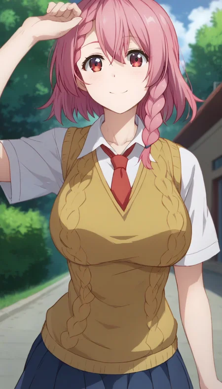 score_9,score_8_up,score_7_up,score_6_up BREAK official art,solo,outdoors,upper body,(portrait:1.5),looking at viewer,facing viewer,smile,blush,Shirayuki Maihime,medium hair,pink hair,single braid,side braid,bangs,red eyes,collarbone,school uniform,yellow sweater vest,red necktie,white shirt,collared shirt,short sleeves,large breasts,miniskirt,blue skirt,pleated skirt,thighs,black pantyhose,loafers,brown footwear,<lora:Shirayuki Maihime(dhh)-Pony:1.6>,