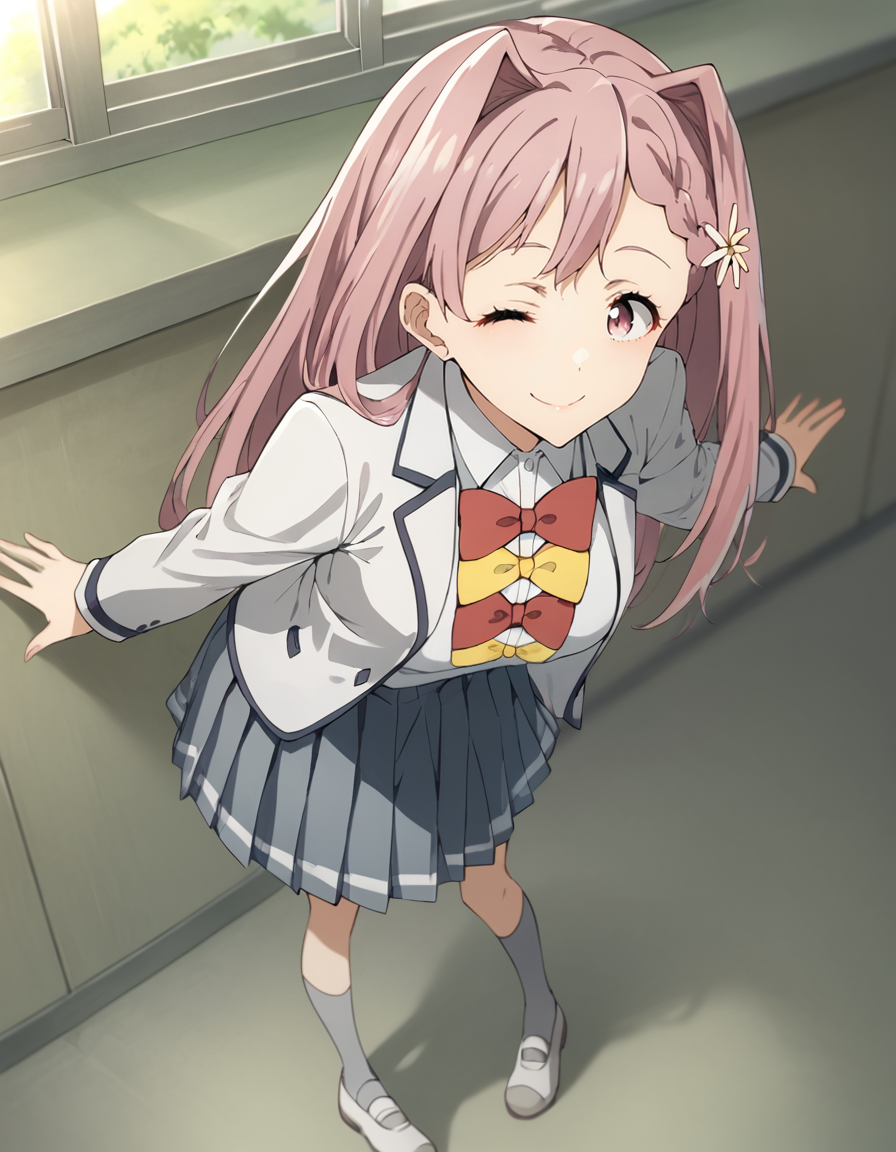 score_9, score_8_up, score_7_up, source_anime, BREAK
1girl, solo, looking at viewer, indoors, one eye closed, light smile, full body, standong, shot from above, leaning forward,
<lora:karen_himemiya_anime-soralz:1>,
karen himemiya, pink hair, long hair, hair intakes, braid, hair ornament, pink eyes, sidelocks,
winter school uniform, white blazer, white collared shirt, long sleeves, red bow, yellow bow, open blazer, grey pleated skirt, white kneehighs, white footwear