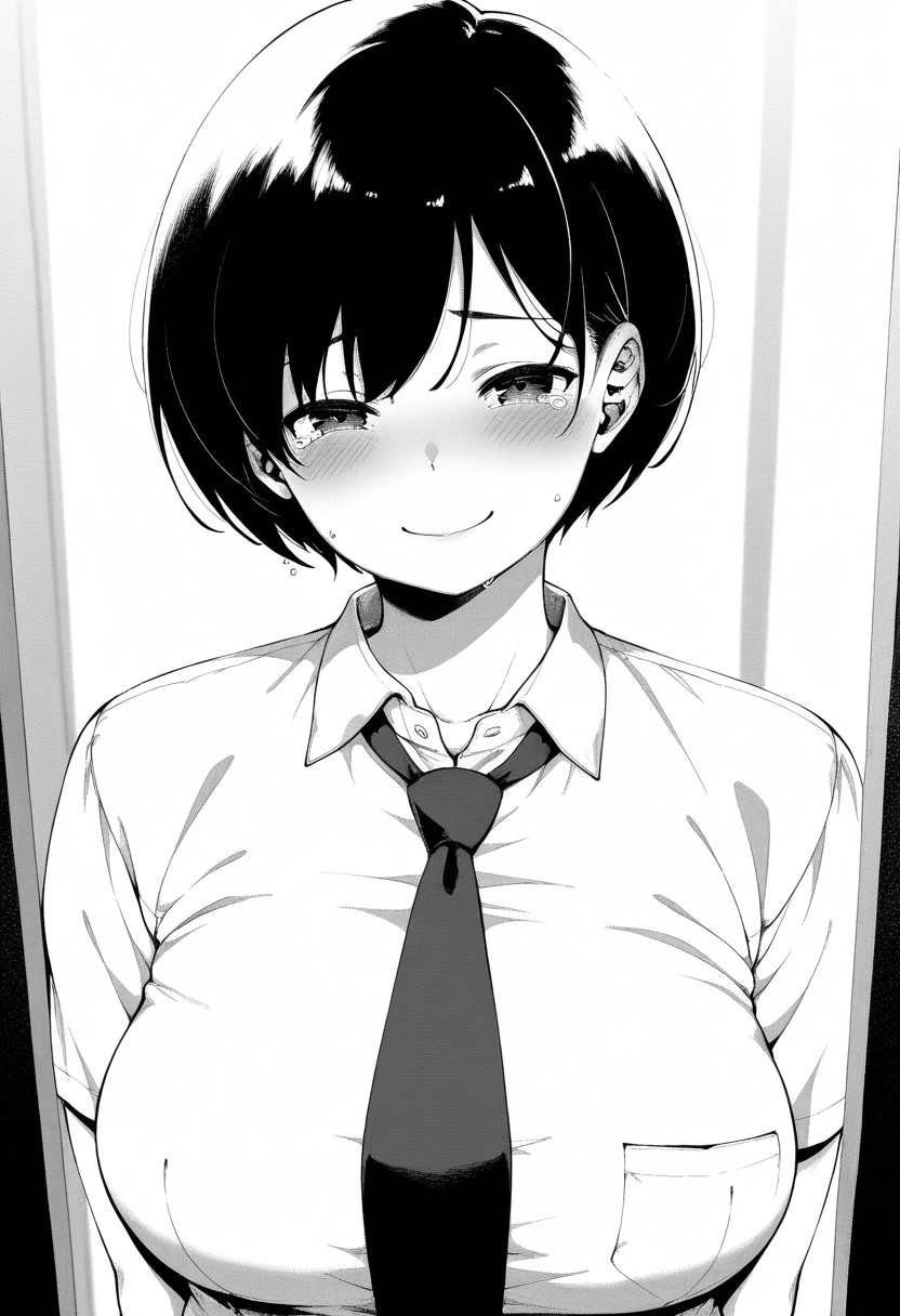 masterpiece, best quality, amazing quality, 1girl, solo, satomiww, short hair, bangs, large breasts, soft body, chubby, greyscale, monochrome, upper body, school uniform, collared shirt, necktie, looking at viewer, smile, blush, tears, closed mouth, skindentation, detailed clothing folds, depth of field, sharp, high contrast, dynamic light <lora:Satomi_Tsukimiya_Tsuki_ga_Noboru_ill:1>