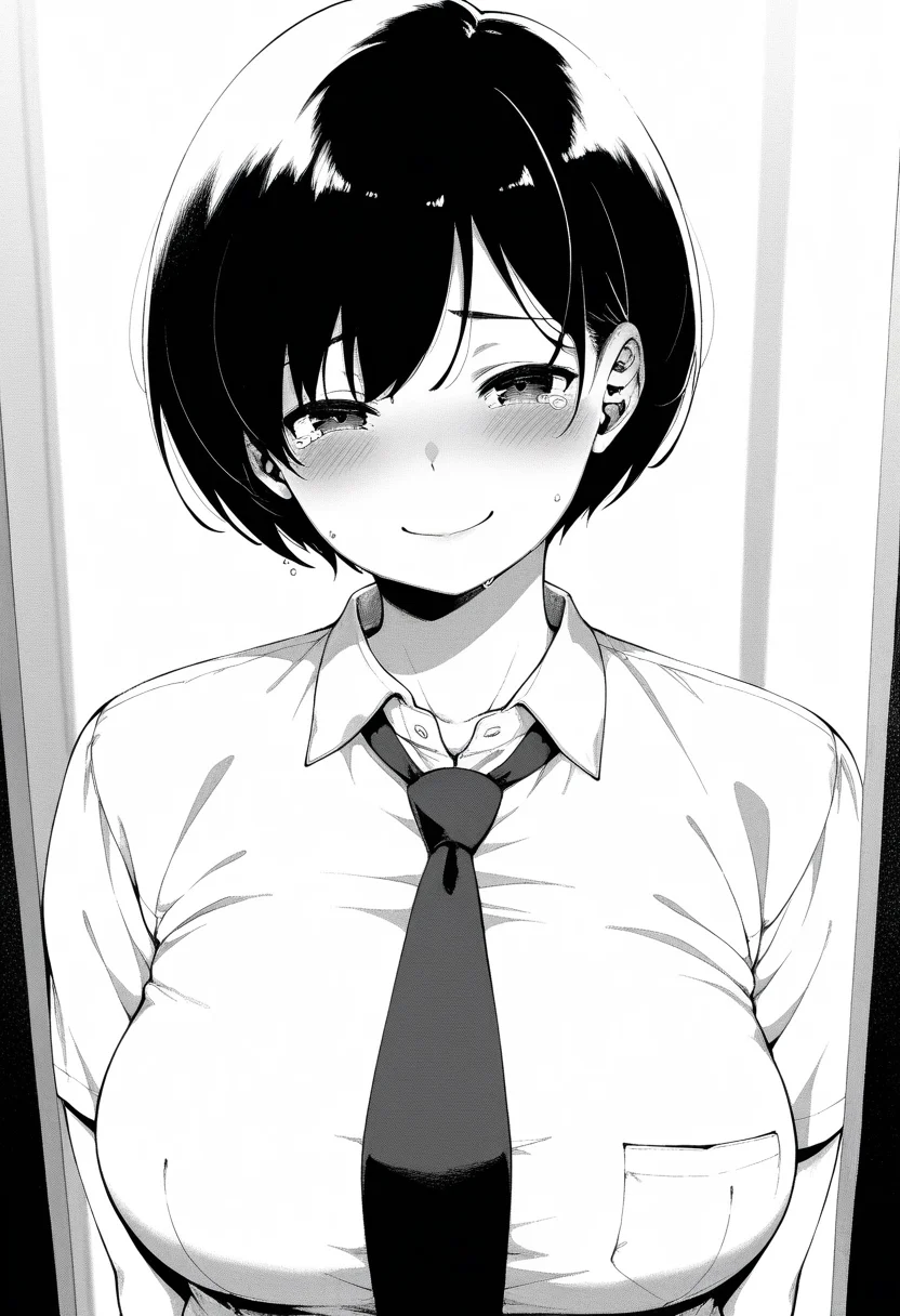 masterpiece, best quality, amazing quality, 1girl, solo, satomiww, short hair, bangs, large breasts, soft body, chubby, greyscale, monochrome, upper body, school uniform, collared shirt, necktie, looking at viewer, smile, blush, tears, closed mouth, skindentation, detailed clothing folds, depth of field, sharp, high contrast, dynamic light <lora:Satomi_Tsukimiya_Tsuki_ga_Noboru_ill:1>