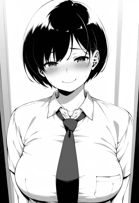 masterpiece, best quality, amazing quality, 1girl, solo, satomiww, short hair, bangs, large breasts, soft body, chubby, greyscale, monochrome, upper body, school uniform, collared shirt, necktie, looking at viewer, smile, blush, tears, closed mouth, skindentation, detailed clothing folds, depth of field, sharp, high contrast, dynamic light <lora:Satomi_Tsukimiya_Tsuki_ga_Noboru_ill:1>