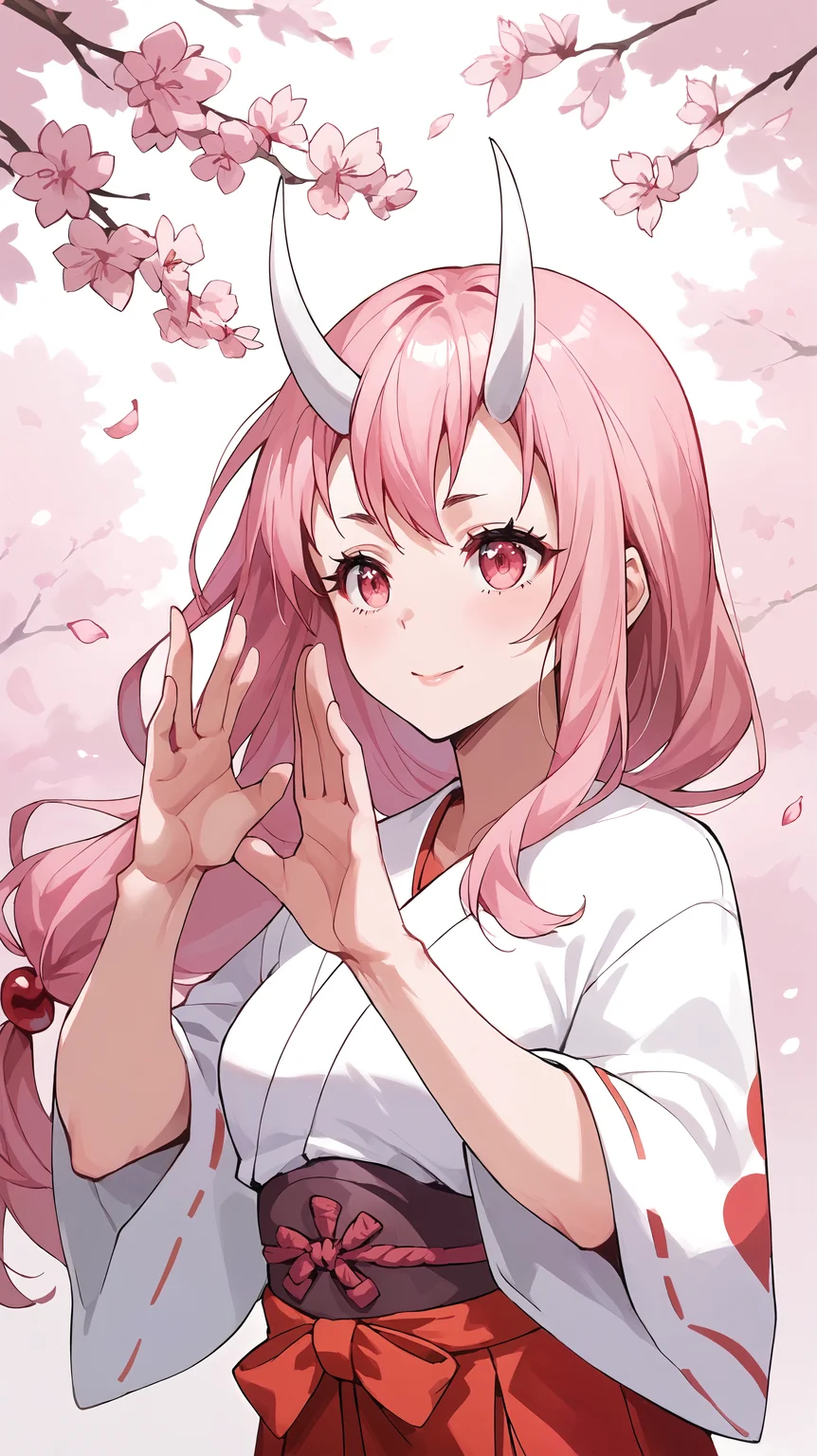 score_9,score_8_up,score_7_up,score_6_up, source_anime, girl, dynamic pose, bunny pose, <lora:Crestyle_epoch_9:0.7>, crestyle, artstyle, <lora:Shuna - Pony:0.7> low-tied long hair, pink hair, white oni horns, pink eyes, miko, red hakama, sakura, cherry blossoms, falling petals, upper body, portrait,