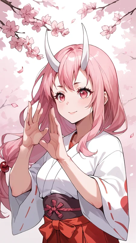 score_9,score_8_up,score_7_up,score_6_up, source_anime, girl, dynamic pose, bunny pose, <lora:Crestyle_epoch_9:0.7>, crestyle, artstyle, <lora:Shuna - Pony:0.7> low-tied long hair, pink hair, white oni horns, pink eyes, miko, red hakama, sakura, cherry blossoms, falling petals, upper body, portrait,