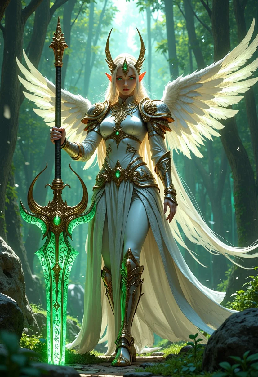 A cinematic, full-body depiction of a majestic female elf princess, exuding regal authority. She wears an intricately designed winged paladin helmet in gleaming white, accented with gold and emerald green, radiating a soft magical glow. Her piercing, luminous green eyes add an ethereal intensity. She wields a colossal battle axe, its design a masterpiece of craftsmanship. The axe features a double-bladed head, each blade etched with glowing runic inscriptions that pulse with a magical green energy. The blades are shaped like the wings of a mythical creature, edged with gold and reinforced with intricate filigree. The weapon’s long haft is wrapped in fine leather and adorned with golden accents and emerald gemstones embedded at intervals, emanating a faint aura of ancient power. She holds the axe with a commanding stance, its massive size and ornate beauty highlighting her strength and elegance.
The scene is set against a breathtaking fantasy anime backdrop of an enchanted forest, rich with glowing flora, ethereal light shafts, and sparkling magical particles. Shot from a dramatic low angle, the composition emphasizes her power and grace. The art style embodies the high detail and vibrant emotion of fantasy anime, with a digital painting finish in sharp focus and ultra-high resolution, designed for 8K display.