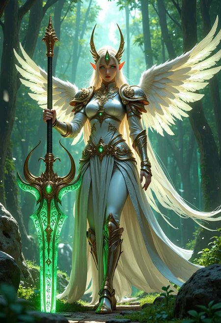 A cinematic, full-body depiction of a majestic female elf princess, exuding regal authority. She wears an intricately designed winged paladin helmet in gleaming white, accented with gold and emerald green, radiating a soft magical glow. Her piercing, luminous green eyes add an ethereal intensity. She wields a colossal battle axe, its design a masterpiece of craftsmanship. The axe features a double-bladed head, each blade etched with glowing runic inscriptions that pulse with a magical green energy. The blades are shaped like the wings of a mythical creature, edged with gold and reinforced with intricate filigree. The weapon’s long haft is wrapped in fine leather and adorned with golden accents and emerald gemstones embedded at intervals, emanating a faint aura of ancient power. She holds the axe with a commanding stance, its massive size and ornate beauty highlighting her strength and elegance.
The scene is set against a breathtaking fantasy anime backdrop of an enchanted forest, rich with glowing flora, ethereal light shafts, and sparkling magical particles. Shot from a dramatic low angle, the composition emphasizes her power and grace. The art style embodies the high detail and vibrant emotion of fantasy anime, with a digital painting finish in sharp focus and ultra-high resolution, designed for 8K display.