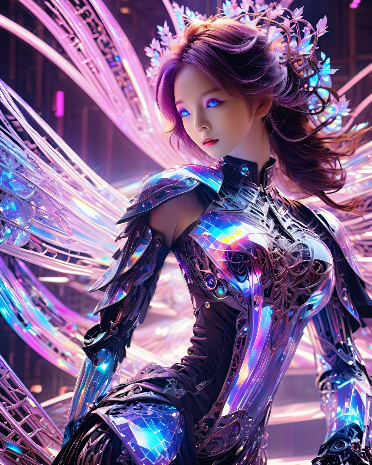high quality exquisite wallpaper,<lora:xl-holographic-å
¨æ¯V20:0.8>,(holographic:1.7),holographic metal,holographic fabric,1girl,wearing white Hanfu andblack mecha,The girl was surrounded by magic arrays,solo,mecha musume,blue_eyes,standing,cinematic lighting,strong contrast,1 beautiful young chinese woman,mature and exquisitefacial features,sharp eyes,photon force field,purple and blue glowing neon lights,wide_shot,robot girl,magic array,magic circle,roman numeral,blue theme,intricate glowing lace,(Multiple magic arrays:1.5),1 girl figure is slender medium breasts clothes show cleavage,white hair,Magic Array Control Recommendation: Tguilvas Salen Debi Maggichi Ares,Martipur Maggichi Ares,Tegil Issalon Debi Maggichilins,