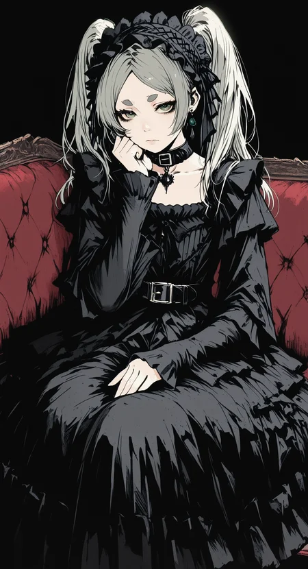 masterpiece, best quality, amazing quality, 1girl, solo, long hair, looking at viewer, simple background, long sleeves, dress, ribbon, closed mouth, jewelry, sitting, twintails, green eyes, grey hair, earrings, frills, hairband, choker, black dress, collar, parted bangs, sleeves past wrists, black ribbon, expressionless, thick eyebrows, black background, couch, fashion, head rest, short eyebrows, black collar, on couch, hairband, frilled hairband, belt collar, elbow rest, gothic, flat colors, line art, vintage dirt, artifacts, heavy film grain, knva,
high_detail, <lora:noobai_ep11_stabilizer_v0.138_fp16:0.3> <lora:shiej007:0.7> <lora:high_detailILL:0.5> <lora:Gothic_Grain_Illustrious:0.8> <lora:Kenva_IL:0.5>