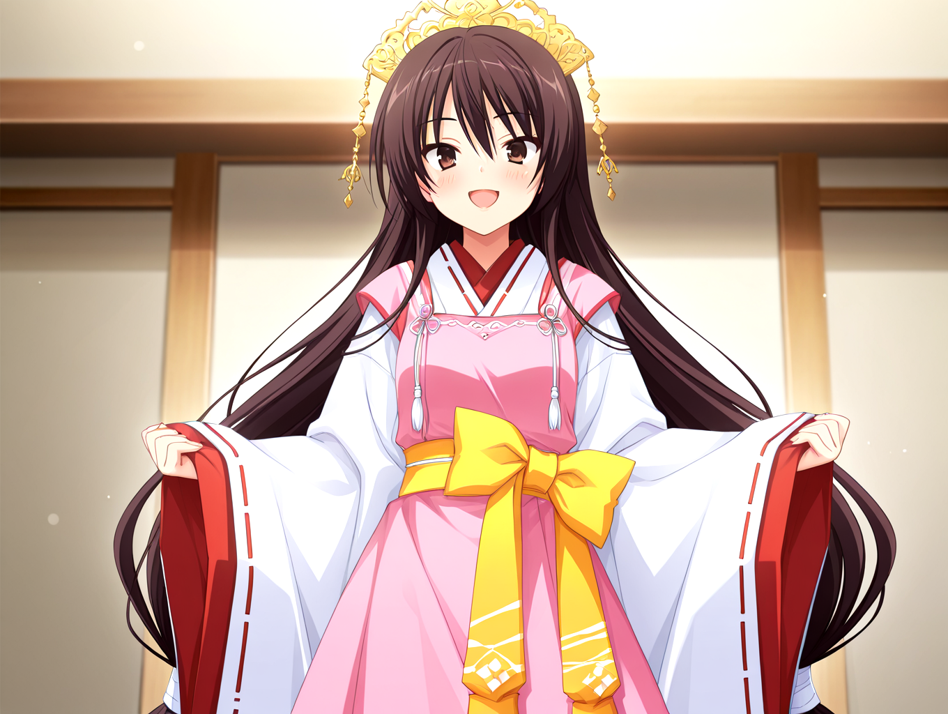 masterpiece,best quality,newest,absurdres,highres,detailed eyes,beautiful,detailed background,solo,perfect eyes,anime coloring,anime screencap,
nsfw,explicit,<lora:add-detail-xl:1>,<lora:ponyv4_noob1_2_adamW-000017:0.8>,wear clothes,
1girl,
looking at viewer,
doyagao,strong smile,open mouth,blush,wind lift,
<lora:il-unohana-sakuya-KAMI:0.8>,il-unohana-sakuya,1girl,ukami outfit,solo,brown eyes,very long hair,wearing a pure white furisode kimono with long flowing sleeves and a floor-length hem,layered with red and pink fabrics,a  pink upper long apron integrated into the outfit,shrine maiden ceremonial outfit,golden headdress,yellow bow on waist,elegant white gown with a trailing hem,a ceremonial deep red pleated inner garment trailing beneath the outer white kimono,