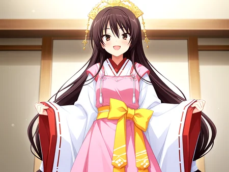 masterpiece,best quality,newest,absurdres,highres,detailed eyes,beautiful,detailed background,solo,perfect eyes,anime coloring,anime screencap,
nsfw,explicit,<lora:add-detail-xl:1>,<lora:ponyv4_noob1_2_adamW-000017:0.8>,wear clothes,
1girl,
looking at viewer,
doyagao,strong smile,open mouth,blush,wind lift,
<lora:il-unohana-sakuya-KAMI:0.8>,il-unohana-sakuya,1girl,ukami outfit,solo,brown eyes,very long hair,wearing a pure white furisode kimono with long flowing sleeves and a floor-length hem,layered with red and pink fabrics,a pink upper long apron integrated into the outfit,shrine maiden ceremonial outfit,golden headdress,yellow bow on waist,elegant white gown with a trailing hem,a ceremonial deep red pleated inner garment trailing beneath the outer white kimono,
