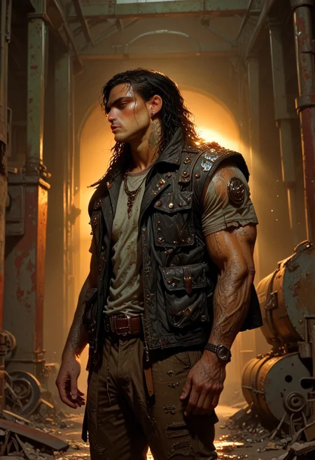 score_9, score_8_up, score_7_up, best quality, fine detail, digital painting, 1boy, solo, long curly wet black hair, muscular, black leather vest with studs, snake on shoulders, handsome, standing in a factory, wearing ripped cargo pants, wrinkled clothing, worn out tattered clothing, relaxing, carefree, melancholy, very detailed background, red lighting, gritty, amber lighting, deep shadows, vivid detail, interesting composition, 8K, UHD, goonguy
