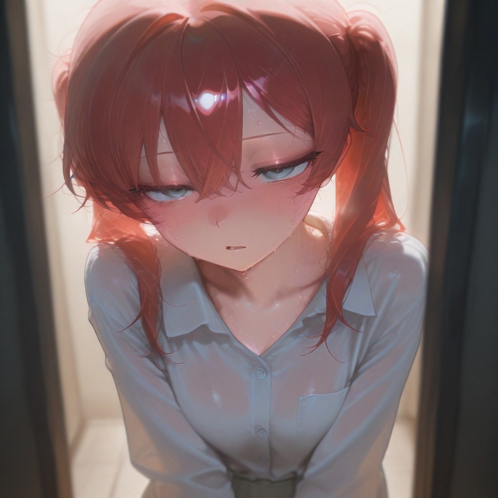 1girl, solo, emotionless, tear, sweat, shameful, blush, masterpiece, opened mouth, sleepy, best quality, pigtail hair, white dress shirt, red hair