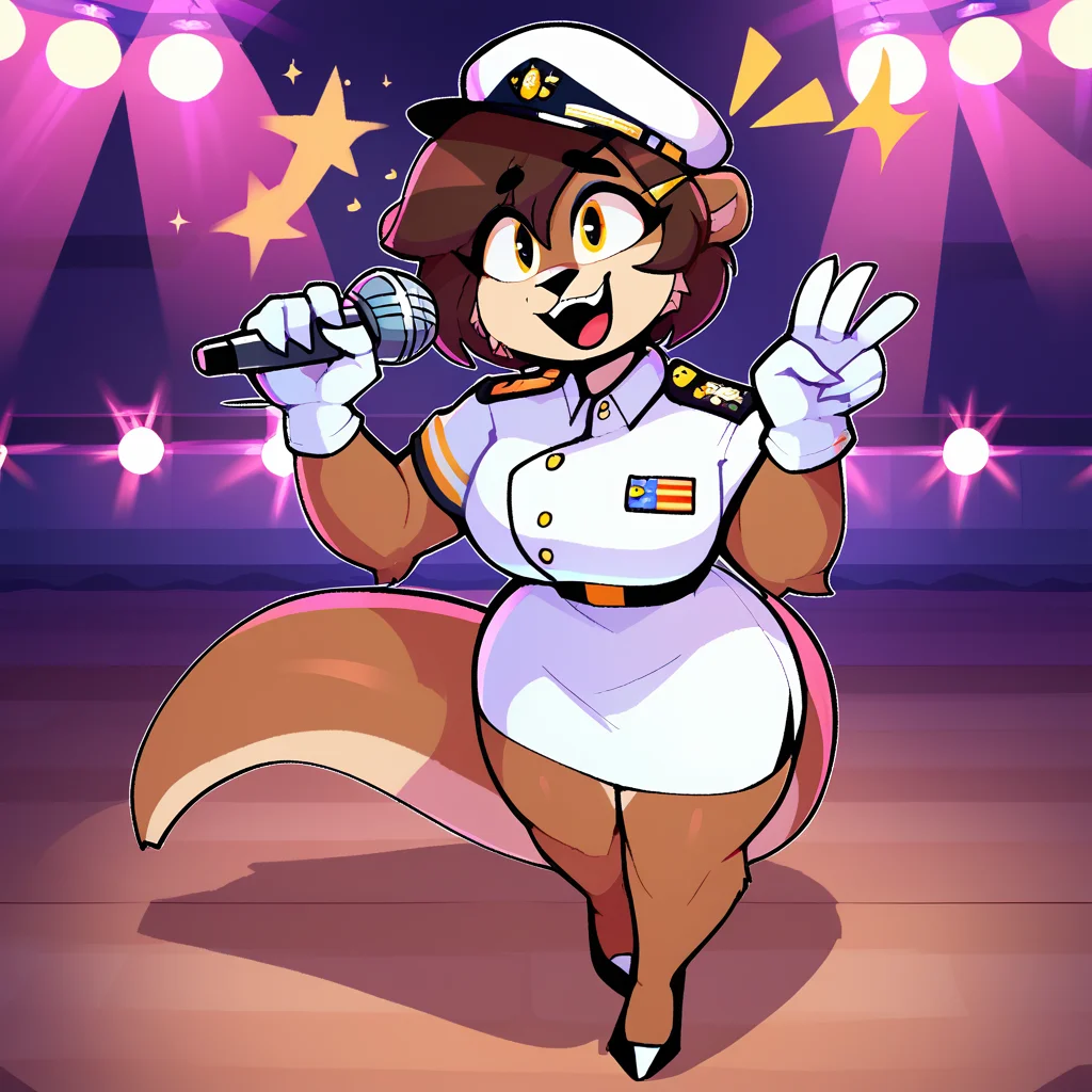 score_9_up, score_8_up, score_7_up, score_6_up, by remanedur, furry female, otter, female, furry, short hair, yellow eyes, dark brown hair, hairclip, large breasts, military, white uniform, white short skirt, tail, gesture, high heels, solo, smile, open mouth, happy, singing, microphone, holding microphone, three-quarter view, head tilt, white gloves, hairclip, standing, white hat, brown body, stage, on stage, lights, screaming, <lora:Leah_Pines(AIM)_XL_v1:0.7>, <lora:PDXL_artist_tags_v2_big:0.7> <lora:The-Minuscule-Task_PDXL_v1.0:0.6> <lora:Pearl_Aurora_v2_WirelessShiba:0.3>