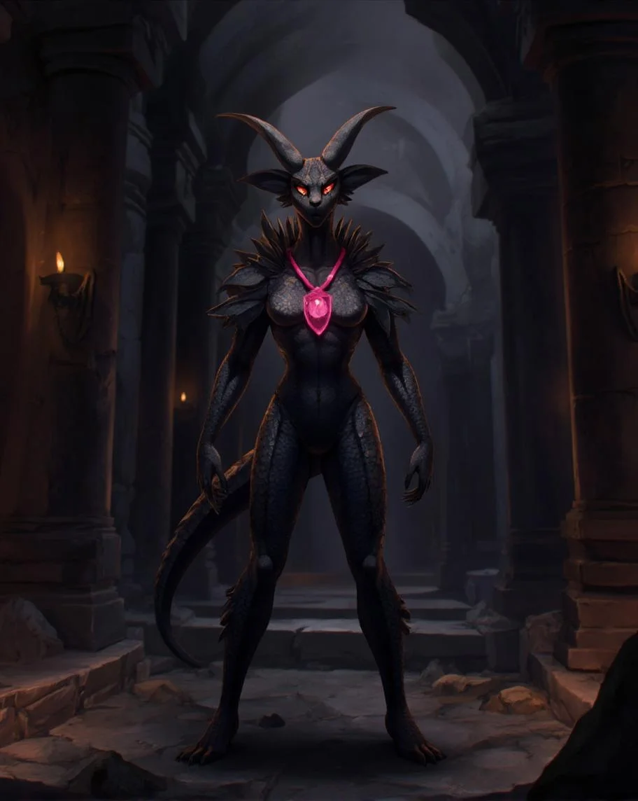 <lora:ck-LttleGhost-000011.safetensors:1> in the style of ck-lttlegh0stA dark-skinned, lizard-like creature stands ominously in a dimly lit ancient temple setting, dressed in a scaly suit with a bright pink pendant and glowing eyes, their menacing stance and imposing presence drawing the viewer's attention.