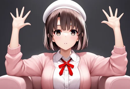 1girl, katou megumi, saenai heroine no sodatekata, brown eyes, brown hair, short hair, expression less,
pink cardigan, white blouse, thin red bow tie, white beret, absolute cinema pose, sitting, dark background, black background , simple background,
<lora:absolute-cinema-illustriousxl-lora-nochekaiser:1>, absolute cinema, solo, sitting, looking at viewer, grey background, hands up,
masterpiece, best quality, amazing quality