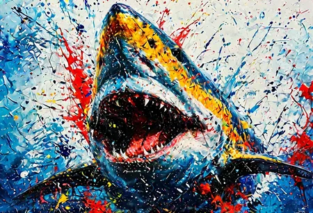 professional photograph of shark rising from the sea, ocean scene, splashes, blues, whites, yellows, reds, extreme detail, ultra realism, depth of field, viginette