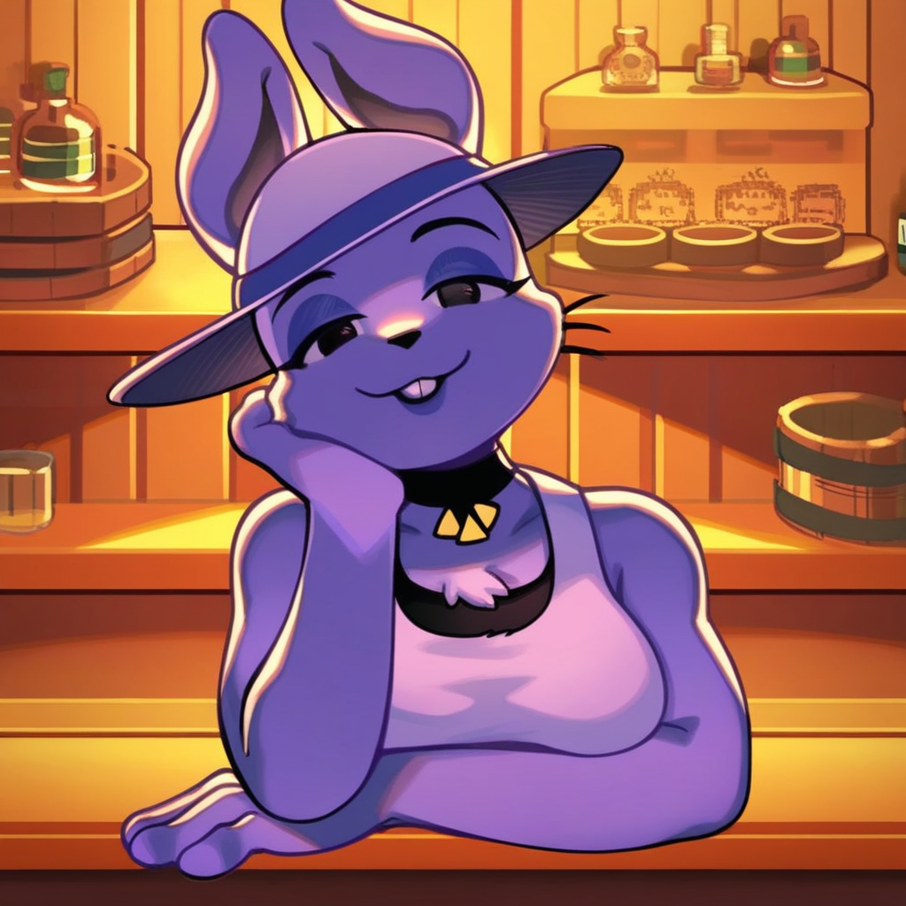 score_9,score_8,source_furry,bunny_shopkeeper, bunny_undertale, bunny, bunny girl, 1girl, solo, animal ears, furry female, hat, furry, bar (place), choker, looking at viewer, :3, sleeveless, indoors, head rest, black choker, smile, upper body, breasts, half-closed eyes, bare shoulders, signature