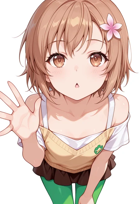 Smooth Quality,masterpiece,very intricate, high quality details, ultra realistic, high detailed skin,detailed enviorement,absurdres,
waving,
 <lora:Yukimura_Kusunoki_CNR:0.8> yukimuria_cnr, 1girl, brown hair, short hair, brown eyes,hair flower,, simple background, white background, front view,solo,, diamond mouth,, off-shoulder shirt,sweater vest ,ruffled skirt, ,green pantyhose,