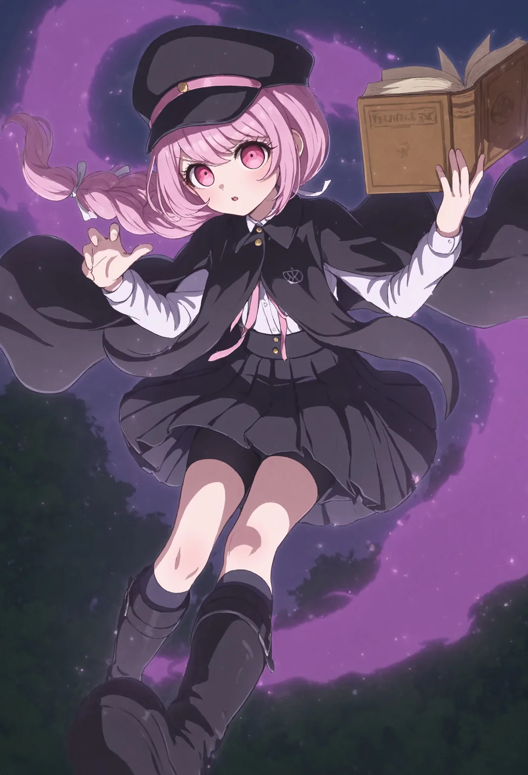 masterpiece, best quality, amazing quality, very aesthetic, absurdres, TNTsurukoSemba
1girl, pink eyes, pink hair, long braided ponytail, white hair ribbon, black hat, white collared shirt, pink neck ribbon, black collared cape, black suspender skirt, black socks, kneehighs, black knee boots, holding book, open book, looking at viewer, perspective, dynamic pose, floating, bike shorts under skirt, purple aura, outdoors, night,