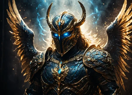 cinematic still an archangel, Devine armor, mistic lighting, best quality, fog, smoke, holding, black and golden mask, (glowing blue eyes:1.2), armored wings, (golden hallow:1.1) . emotional, harmonious, vignette, highly detailed, high budget, bokeh, cinemascope, moody, epic, gorgeous, film grain, grainy, an archangel, Devine armor, mistic lighting, best quality, fog, smoke, holding, black and golden mask, (glowing blue eyes:1.2), armored wings, (golden hallow:1.1), highly detailed, sharp focus, perfect composition, cinematic atmosphere, dramatic, full color, creative, shiny, glowing, rich deep colors