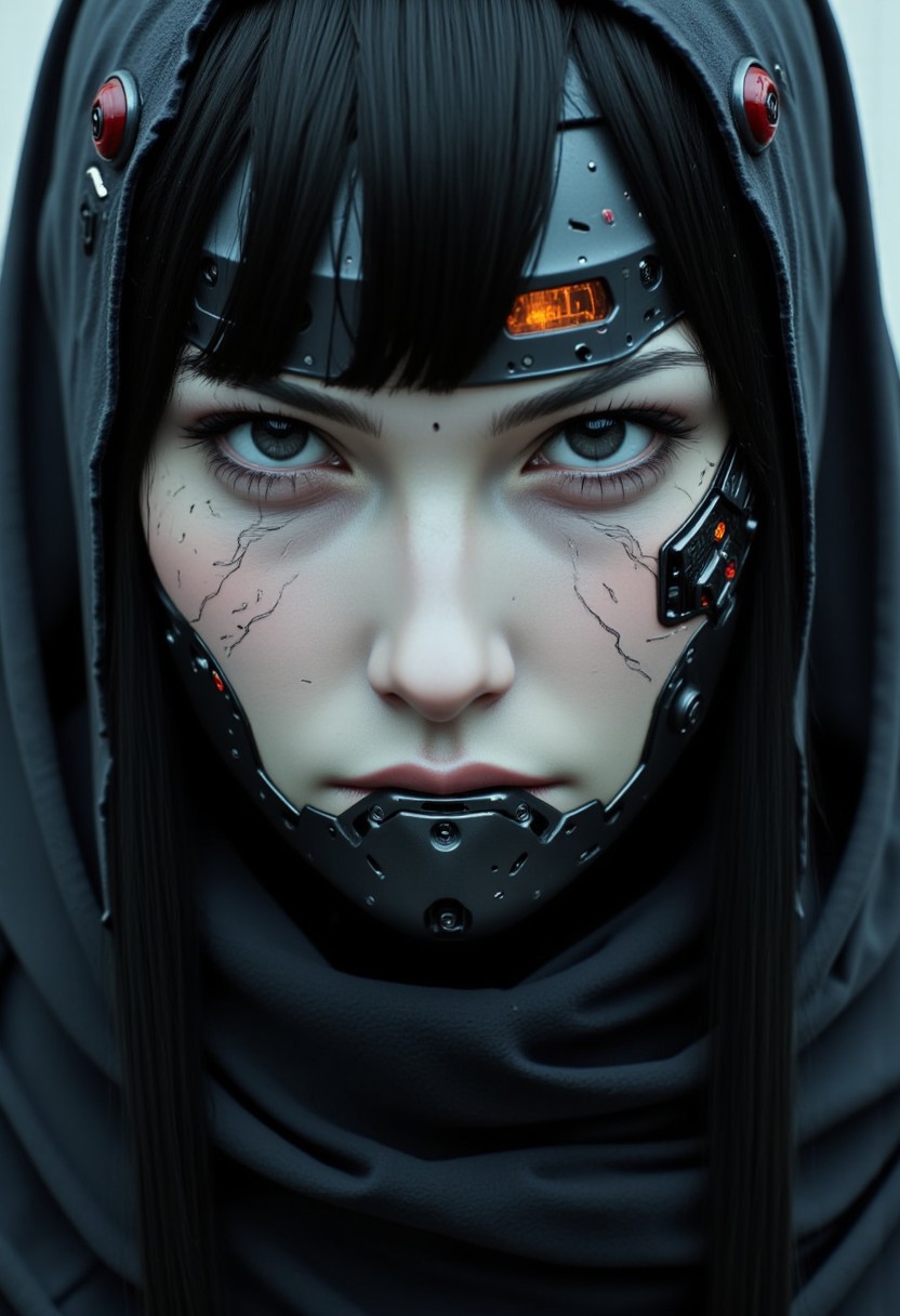 photoid, cpstyle, dystujo, The close-up reveals the terrifying face of a cyborg ninja, an intricate fusion of organic beauty and cold, mechanical perfection. Her face is framed by a sleek, polished helmet that partially covers her features, leaving only the lower half exposed. The exposed skin on her face is pale, almost ghostly, a stark contrast to the sophisticated mechanical enhancements that have replaced much of her body. Her left cheek and jawline are adorned with sharp, angular plates, seamlessly molded to her skin, their surface gleaming with a dark metallic sheen. Intricate circuit patterns snake down her neck, glowing faintly with pulses of electric energy that flicker like veins of lightning beneath the surface. The right side of her face is a chilling display of cybernetic mastery, where human flesh gives way to gleaming, polished steel and chrome. Her eye is encased in a dark, reflective visor, surrounded by a framework of sleek, geometric metal. The visor occasionally flickers with a deep amber glow, a direct connection to her augmented senses. The edges of the metal frame are adorned with fine micro-gears and minute, complex mechanisms that hum with energy, a silent reminder of the technological power running through her body.