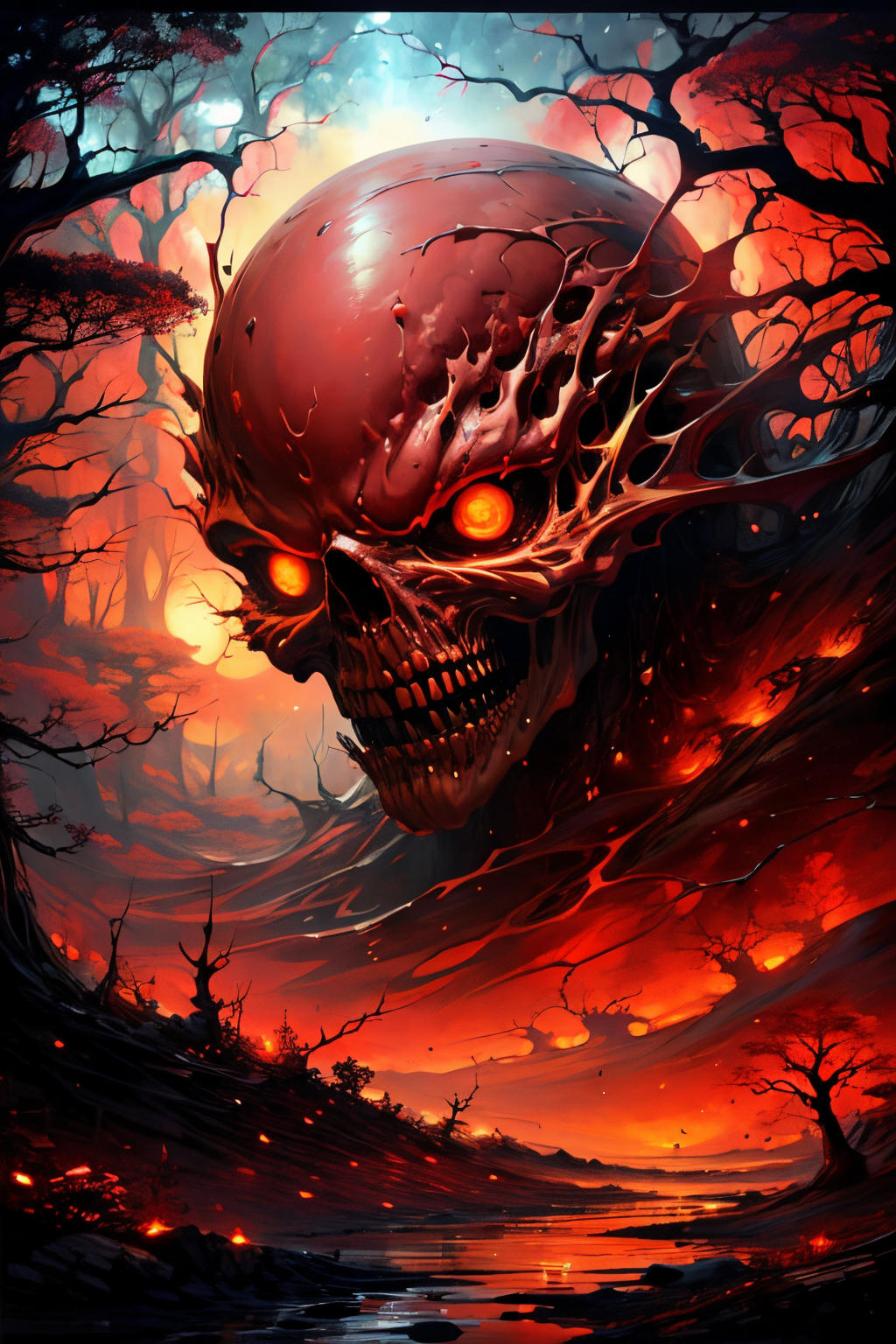 (Realistic:1.5) EdobHorrorLandscape , rain, looking at viewer, sun, molten rock, forest, molten rock, skull, red moon, colored sclera, lightning, <lora:EdobHorrorLandscape_v1.0:0.8>