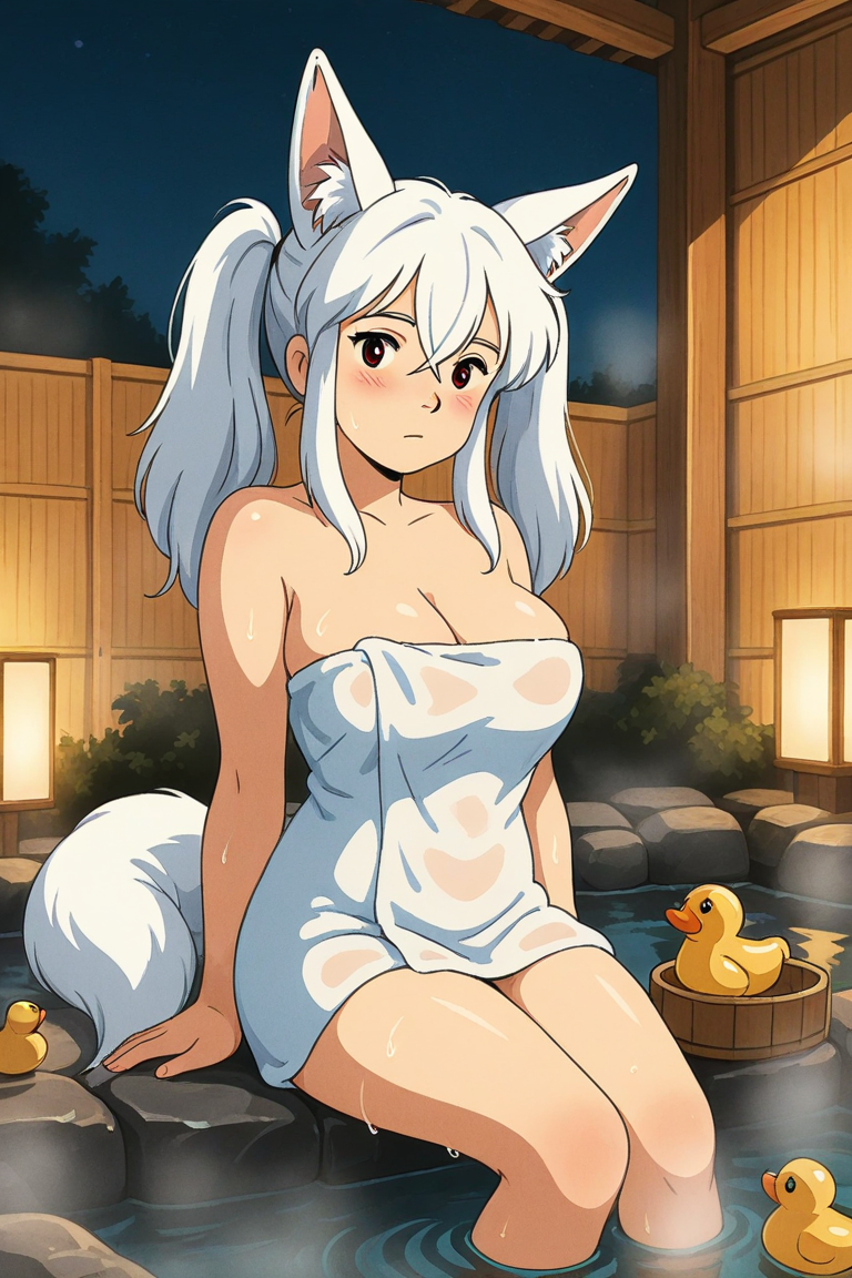 Studio Ghibli style,retro art style,
1girl, solo, long hair, breasts, looking at viewer, blush, bangs, large breasts, red eyes, animal ears, cleavage, hair between eyes, bare shoulders, twintails, sitting, closed mouth, tail, white hair, sidelocks, outdoors, water, wet, animal ear fluff, fox ears, night, fox tail, towel, fox girl, steam, crossed bangs, onsen, naked towel, rubber duckï¼