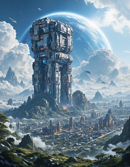 <lora:SWL_Stations1v2flux:1> lostst1, huge station, impressive scientific complex, impressive scientific tower, enormous, metallic, cyberpunk, science fiction, lights, aeial view, cyberpunk city, cityscape, clouds, spaceships, huge planet half hidden by clouds in the far background, vegetation,