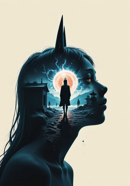 embedding:IllusP0s, double exposure, portrait, silhouette, simple background, 1girl, power_\(chainsaw man\), Resistance, The Shrine of the Lost, a shape-shifter disguising itself among humans<lora:double_exposure_ill.safetensors:1.0:1.0>