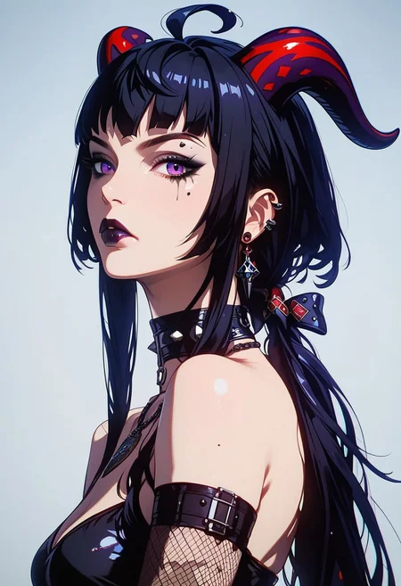 score_9, score_8_up, score_7_up, score_6_up, score_5_up, score_4_up score_9,score_8_up, (anime, masterpiece, intricate:1.3), (best quality, hires textures, high detail:1.2), (4k),(incredibly detailed:1.4), GOthGirlST, Gothic, Goth girl, realistic illustration, partially illuminated, GLSHS, 1girl, ganyu, black hair, long hair, low ponytail, ahoge, horns, earrings, goth makeup, chocker, necklace, sexy goth outfit, serious expression, cosplay, side view, focus from side, looking at viewer, pale skin, nsfw, posing, unique angle,